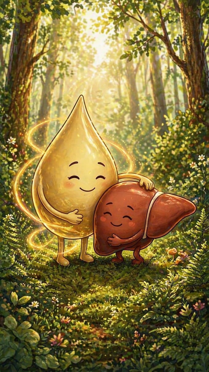 Cholin als goldener Tropfen umarmt eine fröhliche Leber im sonnigen Wald