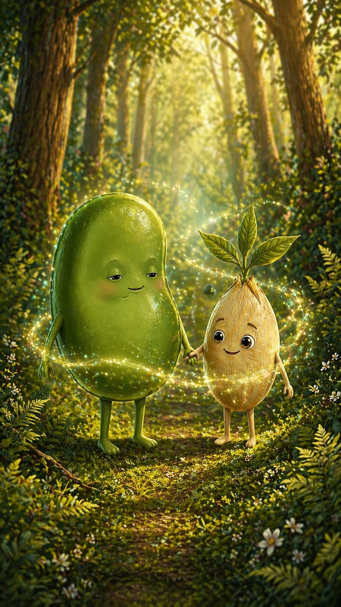 Die Fava-Bohne und der Hanfsamen als Comic-Figuren, Hand in Hand im sonnigen Wald