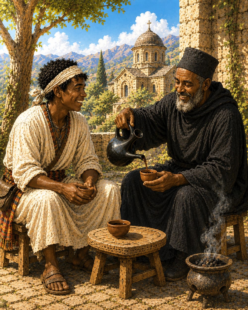 Kaldi und der Mönch trinken gemeinsam den ersten Kaffee