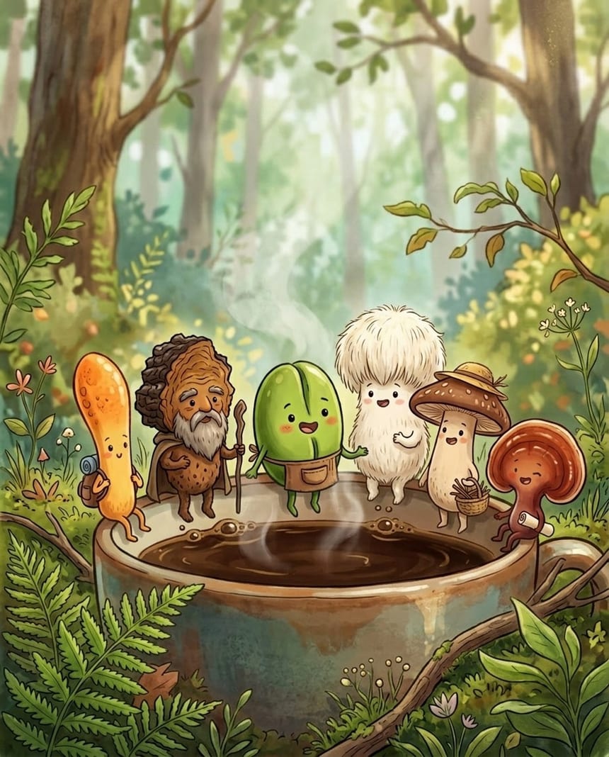Die fünf Vitalpilze als Comic-Figuren stehen gemeinsam auf dem Rand einer dampfenden Kaffeetasse im Wald